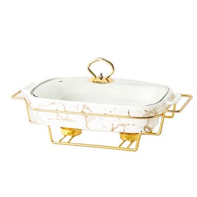 China Sustainable Luxury Gold Marble Rectangular Restaurant Soup Pot Displays Food Warmer With Glass Cover for sale