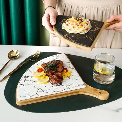 China Sustainable Home Luxury Hotel Golden Steak Dish Sushi Marble Scalloped Ceramic Dish for sale