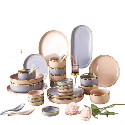 China Western dinnerware set pink purple dinnerware plating dinnerware with bowls and spoons for sale