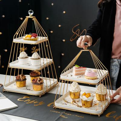 China Viable Dessert Display Rack Cake Decorating Food Dessert Dish Three Tier Marble Ceramic Cake Stand For Birthday Wedding Party for sale