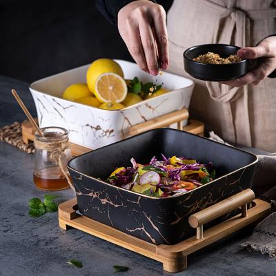 China Factory direct sales sustainable high quality luxury marble restaurant square ceramic salad bowl with wooden stand for sale