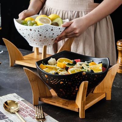 China Latest Fashion Sustainable Design Style Ceramic Fruit Salad Round Marble Bowl With Wooden Frame for sale