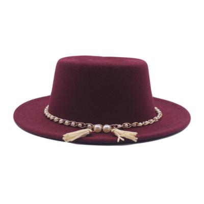 China Fashion Jazz Hat Solid Color Women Winter Wool Fedora Hat Chain Top Hat With Pearl for sale