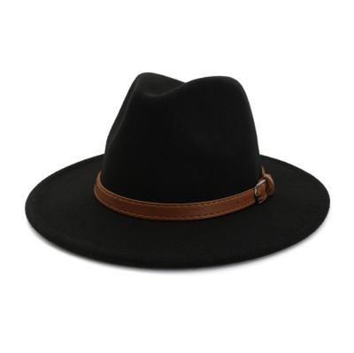 China Black Leather Belt Fedora Hat Heat Jazz Top Hat Fashion Winter Wool For Man for sale