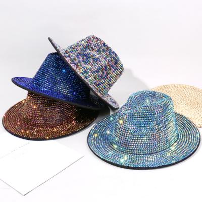 China Adult Unisex Rhinestone Diamond Jazz Hat Party Dancing Fashion Fedora Hats Wide Brim Men's New Arrival European and American Style for sale