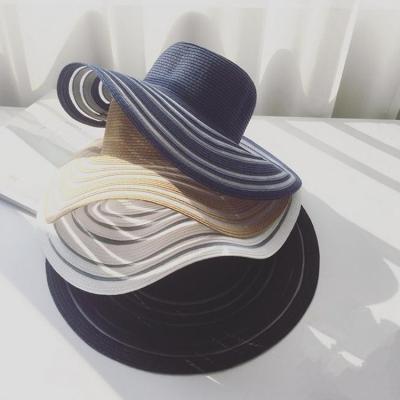 China Lady Wide High Quality Paper Striped Women Big Straw Hat Sun Protection Brim Beach Hat for sale