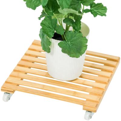 China Modern Durable Movable Square Flower Pot Stand Bamboo Cart Tray Plant Stand With Wheels for sale