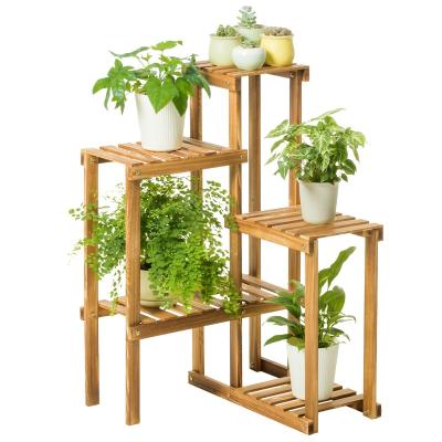 China Modern Flower Shelf 5 Tier Bamboo Flower Pot Shelf Indoor Outdoor Jiudai Plant Stand For Florist for sale