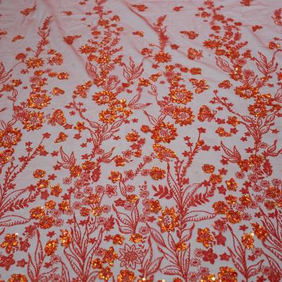 China Sustainable Luxury African red lace fabric with glittering sequin lace print fabric for sale