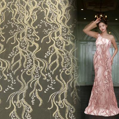 China Sustainable Wedding lace tulle mesh sparkling pearl evening dress lace printed fabric for sale