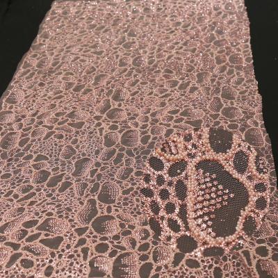 China Sustainable New Sparkling Pearl Lace Mesh Evening Dress Lace Printed Fabric for sale