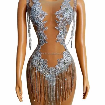 China Dresses Fashion Rhinestone Black Fringes See Through Dress Birthday Celebrate Dress Prom Outfit Bar Woman Dance Dress for sale