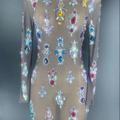 China Multicolor Stones Mesh Dress Bar Women Dance Transparent Black Long Sleeves Dress Up Birthday Outfits Dress Up for sale