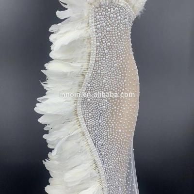 China Sexy Singer Stage Dress Rhinestone Halter Prom Dress White Feather Mesh Dresses See Through Wedding Party Long Dress Elegant Women for sale