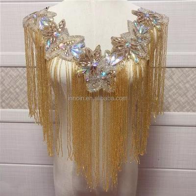 China Simple Royal Blue Silver Gold Glass Side Wedding Embroidered Collar With Beaded Tassels Appliques Neckline With Fringe for sale