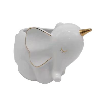 China Best Selling Contemporary Ceramic Decor And Porcellain Vases Baby Elephant Indoor Flower Vase With Gold Plated Trunk For Home Decor for sale