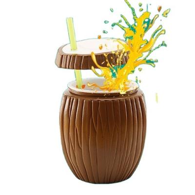 China Straw Hawaiian Beach Party Handheld Viable Mug Bowl Coconut Plastic Cup With Lid for sale