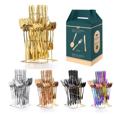 China Sustainable 24 Piece Stainless Steel Cutlery Set Spoon Set Color Luxury Dinnerware With Storage Shelf for sale