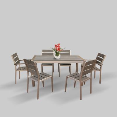 China Plastic Wood 7pc Aluminum Brushed Plastic Wood Dining Set Garden Dining Chair And Table Used In Restaurant for sale