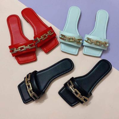 China PU (Stream Ready) 2022 New Chain Flat Bottom Set Feet Casual Sandals And Slippers for sale