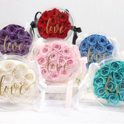 China Natural Touch Wholesale Acrylic Eternal Forever Rose Candy Bag Backpack Preserved Roses Gift Box Valentine's Day Gift for sale