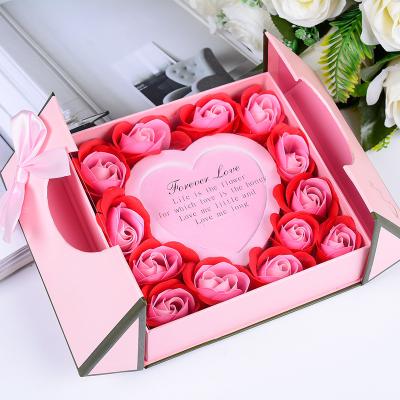 China Eco-friendly Materials 13 Roses Flower Box Double Door Jewelry Box Preserved Flower Mother's Day Gift Bow Jewelry Gift Lipstick Necklace Box for sale