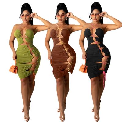 China 2022 New Product Ideas Sexy Halter Sleeveless Drawstring Anti-Wrinkle Backless Dresses Hollow Out Dress For Ladies for sale