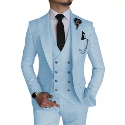 China 2022 Newest Anti-Wrinkle Wedding Tuxedos Groom Suit Classic 3 Piece Groomsmen Light Blue Formal Party Men Suits for sale