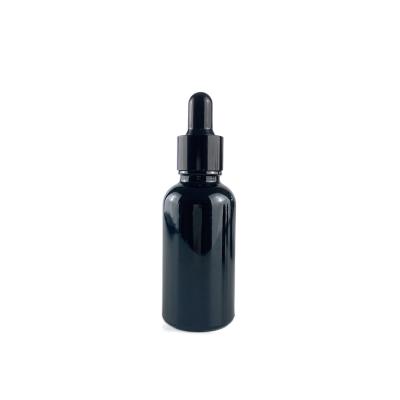 China Non Spill Stock 30ml Wholesale Black Glass Essential Oil Dropper Bottle With Black Aluminum Dropper Cap for sale