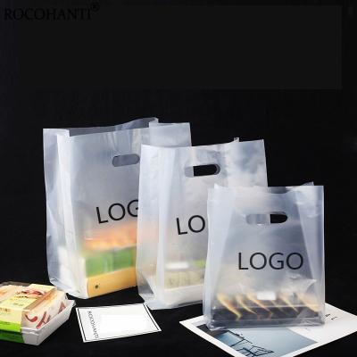 China Recyclable Transparent Frosted Plastic Poly Shopping Bags Bread Package LDPE Bag Die Cut Plastic Sachet With Handle for sale