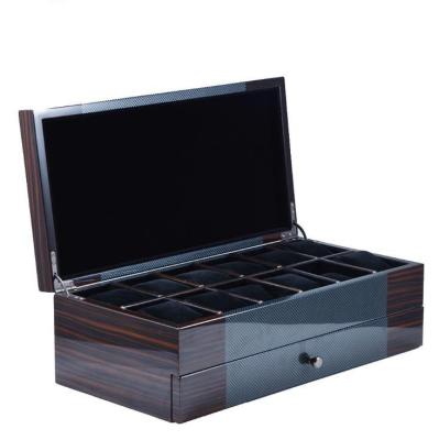 China 12 Logo 12 Slot Watch Box Piano Top Wooden Watch Box Luxury Black Glossy Wooden Box Eco-Friendly Packaging for sale