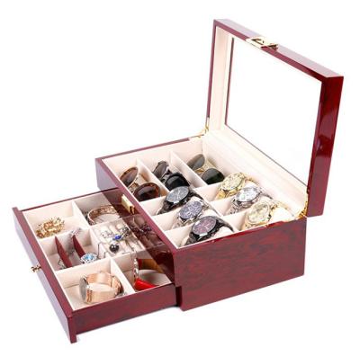 China Eco-friendly custom watches box watch cases lacquer wood and glass double-layer wooden drawer watch packing case for sale