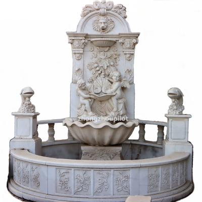 China Small Angel With Lion Dolphin Water Fountains Modern Outdoor Natural Marble Stone Garden Statue Decoration for sale