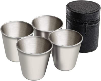 China Amazon Traditional Hot Sale 4 Stainless Steel Hot Shot Cups Drinking Vessel With Black Leather Carrying Case for sale