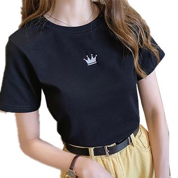 China 2021 Summer New Style Women's Round Neck Sleeve Casual Embroidered Solid Short T-shirt QUICK DRY T-shirt for sale