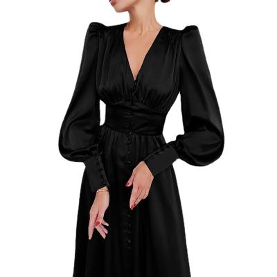 China New Satin Lady Dress Women Custom Lantern Breathable Long Sleeve Button Waist Slim Dress for sale