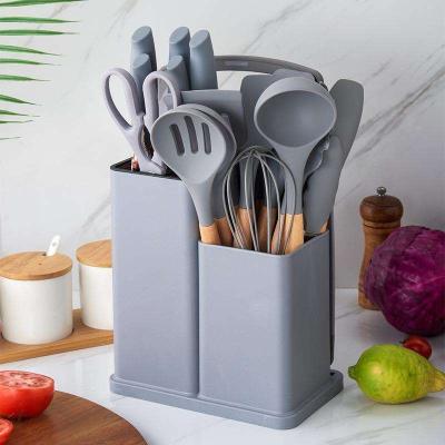 China New Factory Style Kitchen Accessories Viable Wholesale 19 Piece Set Silica Gel Cooking Utensil With Wooden Handle for sale