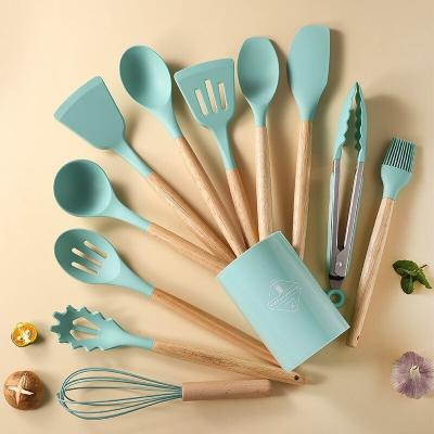 China Sustainable Wooden Handle 12pcs Silicone Utensils Cooking Sets Kitchen 12 Pieces Silicone Kitchen Utensil Set for sale