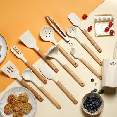 China Viable 13 Pieces Custom Silicone Handle Kitchen Utensils Wood Kitchenware Wooden Utensils Set Kitchen Accessories for sale