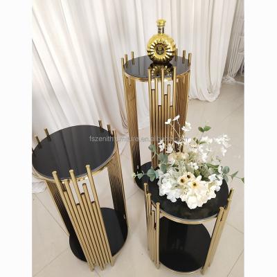 China Factory Cheap Gorgeous Romantic Gold Stainless Steel Desert Display Stands Decor Pillar Cake Stand For Party Decoration for sale