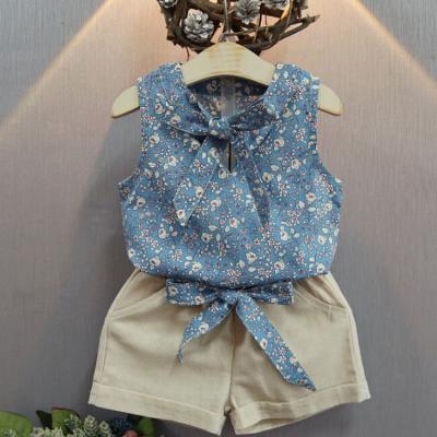 China Comfotable New Korean Summer Children's Clothing Bow Tie Sleeveless Floral Vest + Shorts Girls Clothing Set for sale