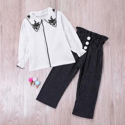 China 2020 Comfotable Autumn New Lace Collar Long Sleeve Top Casual Striped Kids Girls Clothes Set for sale