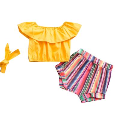 China Comfotable 2020 Summer Girls Clothes Set Lotus Leaf Collar Rainbow Children's Set Solid Color Shorts for sale