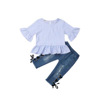 China Comfotable 2020 Girls Casual Clothing Set Solid Color Trumpet Sleeve Top Ripped Jeans Kids Clothes Set for sale