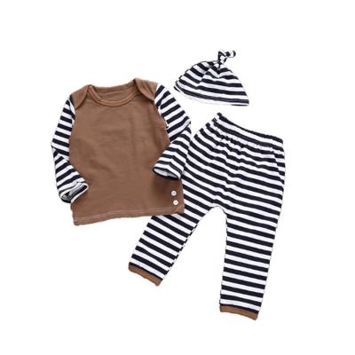 China Comfotable Children's Clothing New Boy Set Pants Infant Hat Striped Shirt Cotton Three-Piece Set for sale