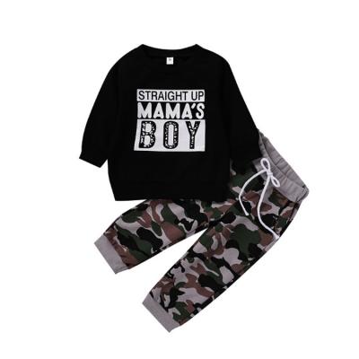 China Fashion\Comfortable\Durable Baby Boy Clothes New Black Spring Letter Printing Casual Camouflage Baby Boy Sweater Children Clothes Set for sale