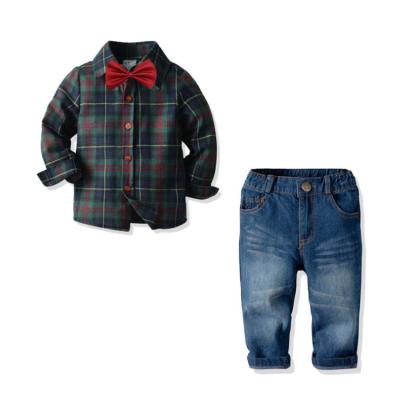 China Comfotable Spring And Autumn New Style Plaid Shirt Jeans Boys Gentleman Kids Clothes Set Two Piece for sale