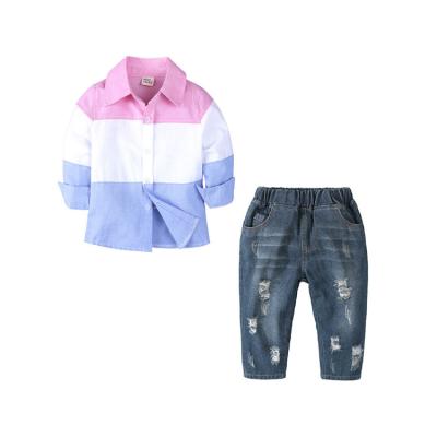 China Fashion\comfortable\durable clothes baby boy spring and children's two-piece Autumn New Long-Sleeved Stitching Shirt and long jeans clothes set for sale