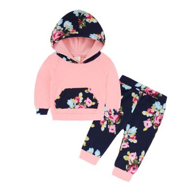 China Autumn Fashion Baby Girl Cute Washable Floral Hoodie Sweatshirt Pants Two Piece Sets Baby Clothes Sets Girl for sale