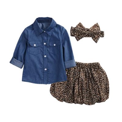 China Comfotable 2021 New Spring Children Clothing Denim Long Sleeve Shirt Leopard Print Girls Kids Clothes Set for sale